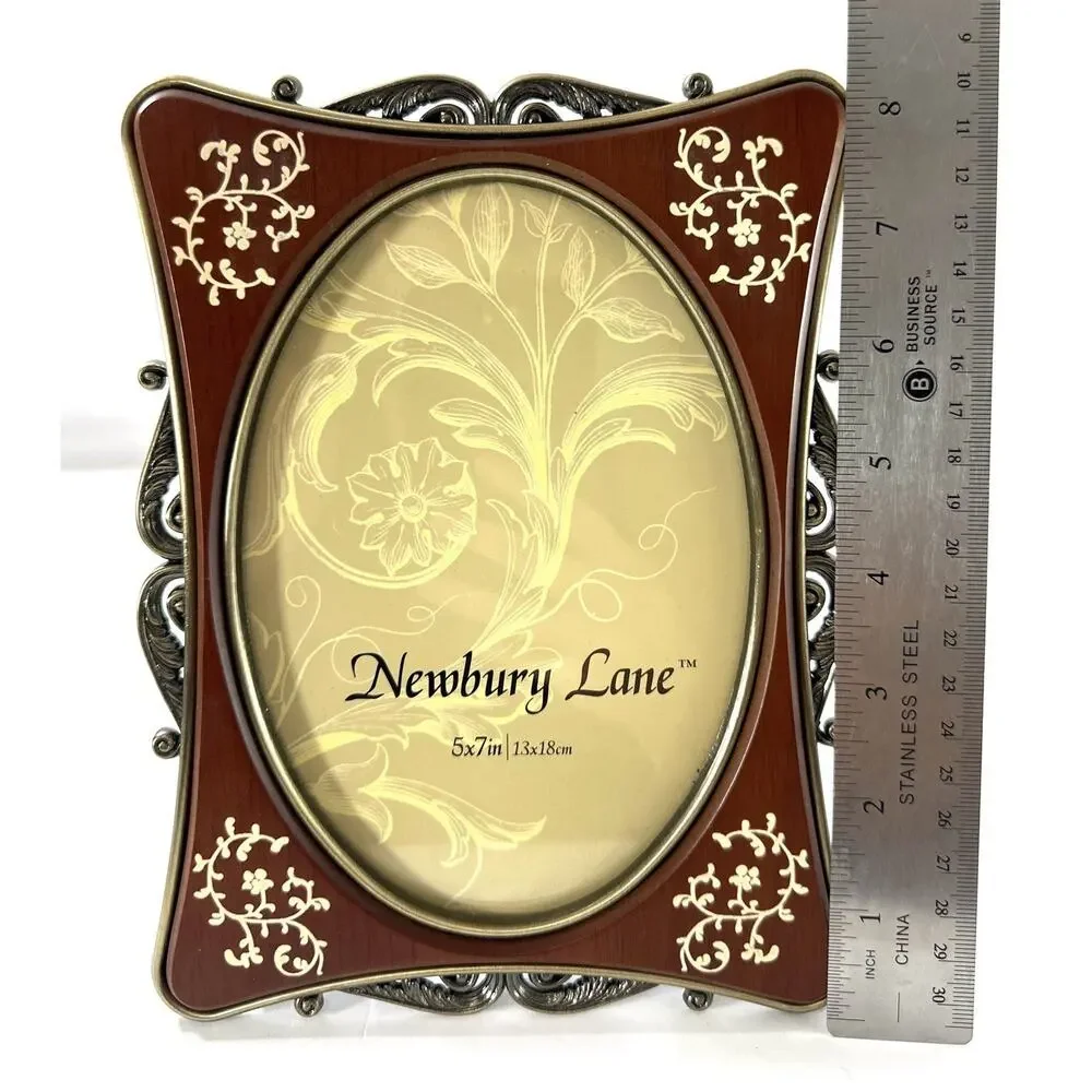 Newbury Lane Cast Pewter Picture Frame 5x7 Wood Look Inlay Ornate Scrollwork